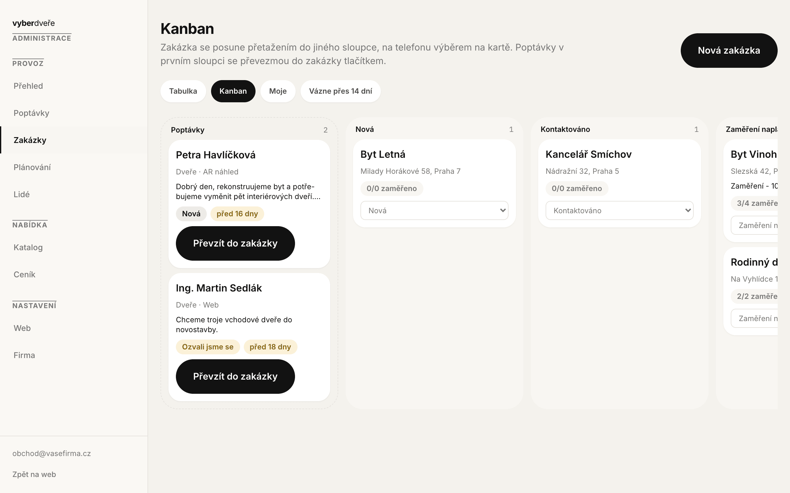 Kanban zakázek v administraci