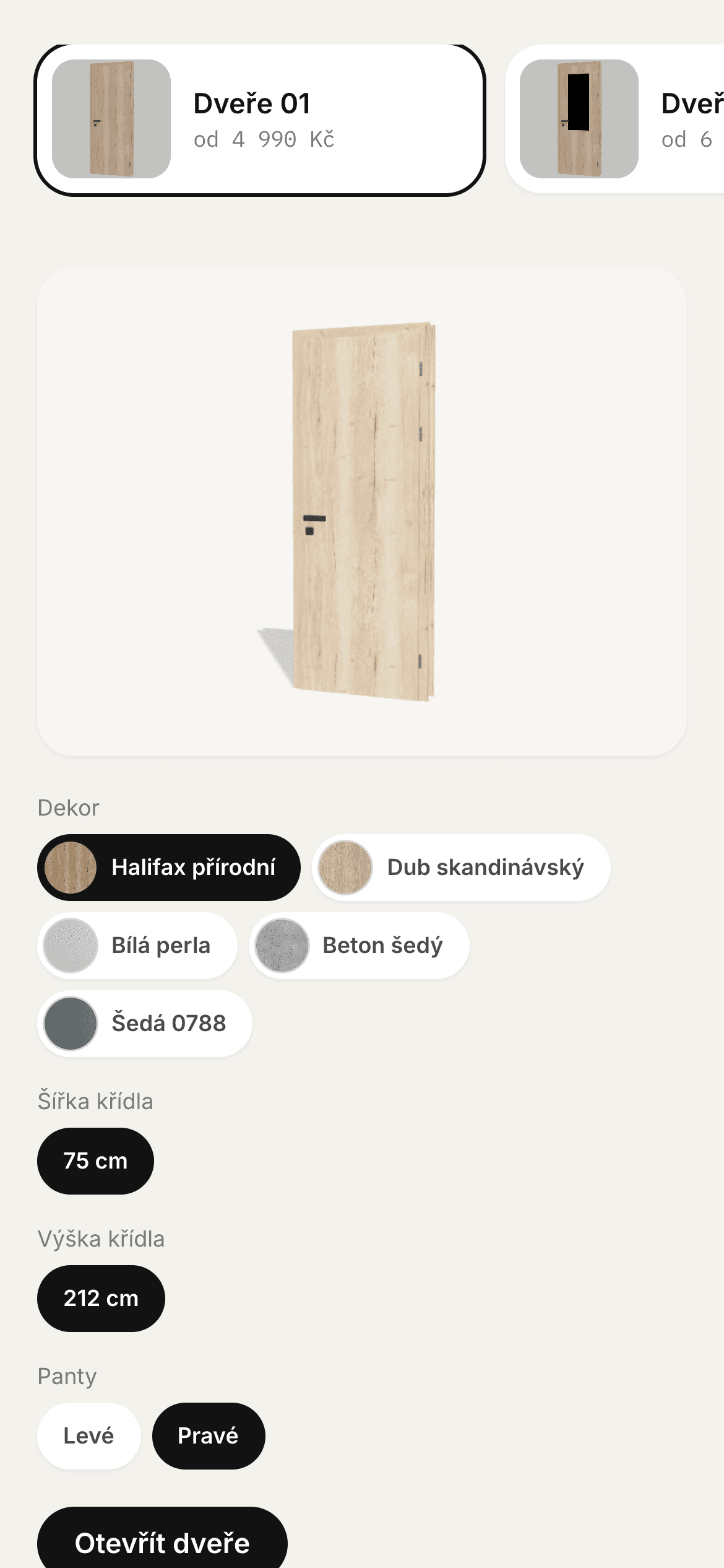 Konfigurátor dveří ve 3D v telefonu